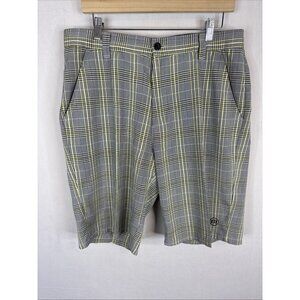 Travis Mathew Plaid Golf Shorts Mens 34 Gray Yellow Stretch Casual